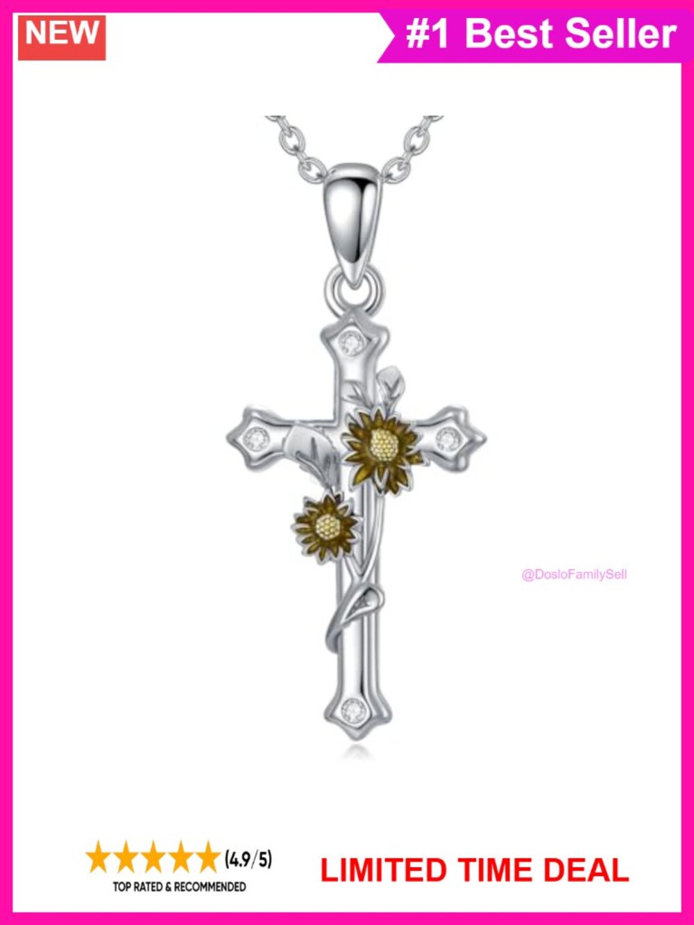 925 Sterling Silver Flower Cross Necklace Lab Grown Diamond 18in